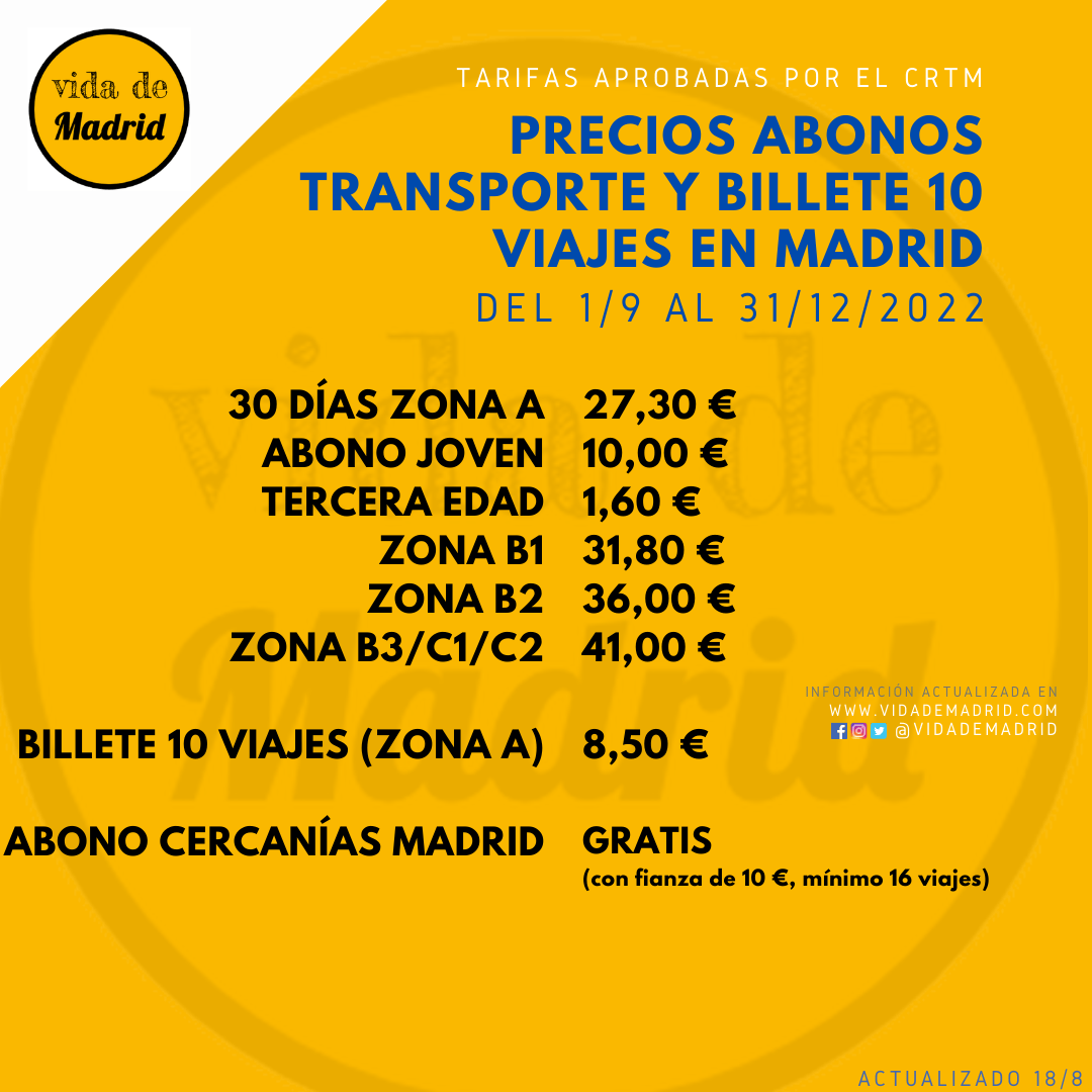 Forzado Inquieto trono Abono transporte Madrid, billete 10 viajes, Cercanías Madrid: precios  septiembre 2022